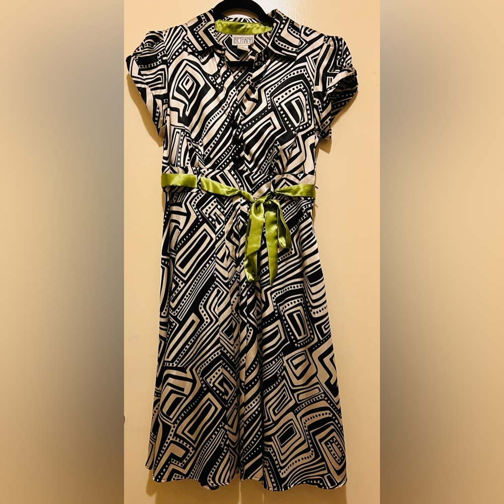 Women’s Petite Taller Sz 8 Bethany Dress Geometric Blk, Cream Chartreuse Ribbon